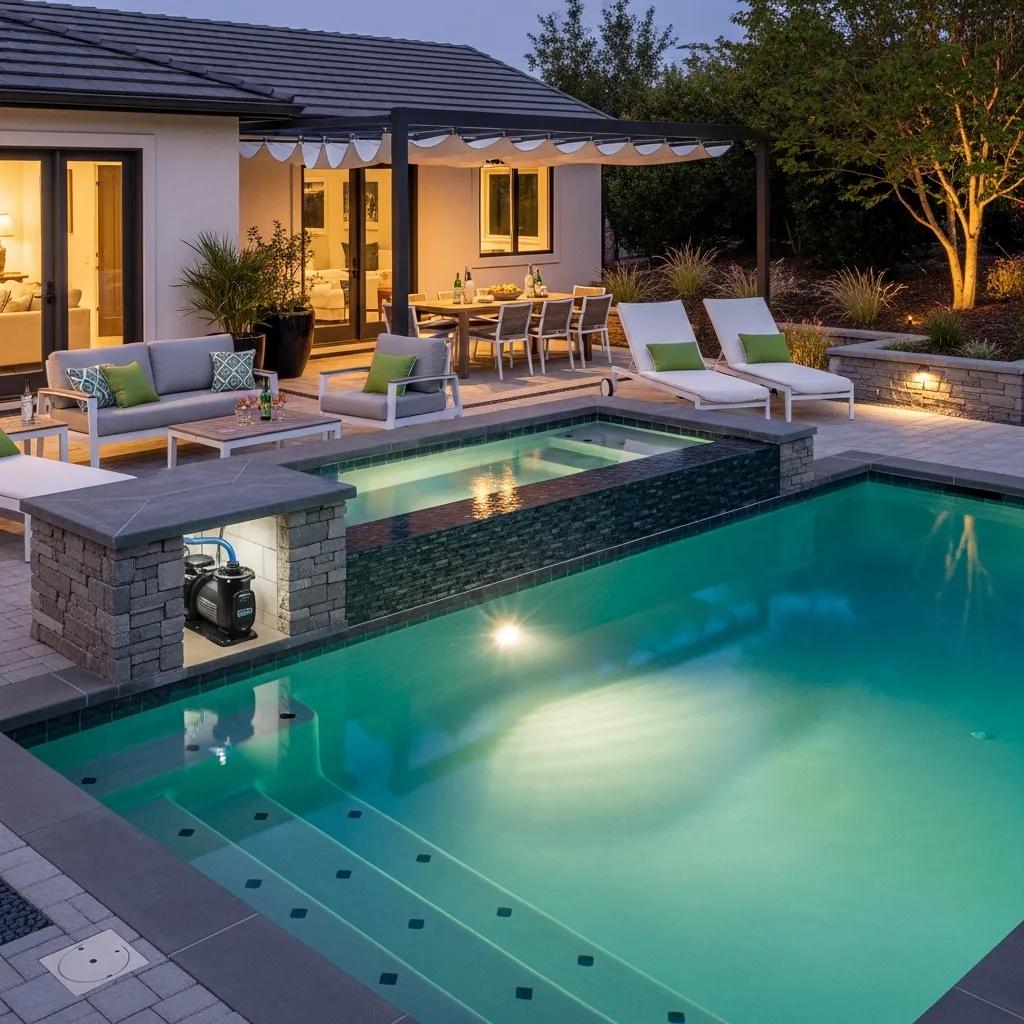 Energy-efficient pool with modern equipment and serene outdoor living space