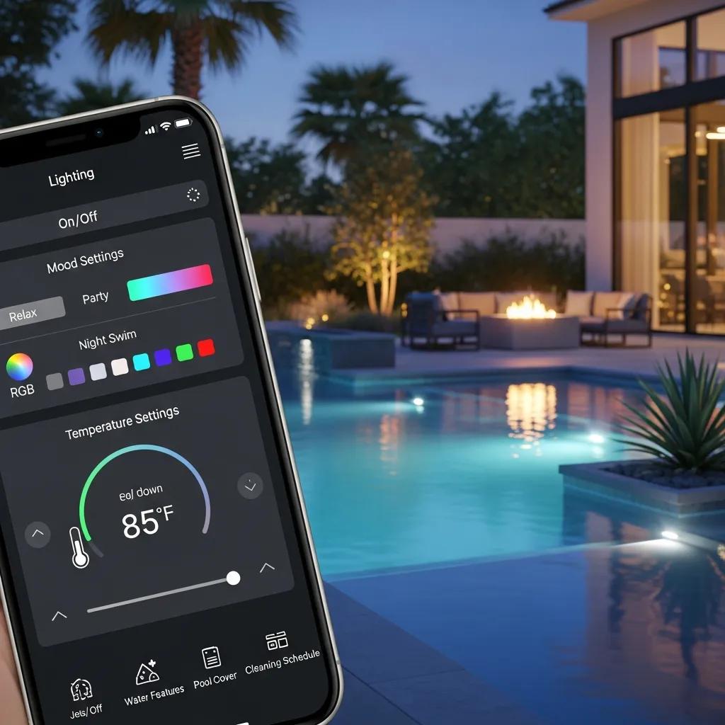 Smartphone displaying pool automation controls with a luxurious pool in the background